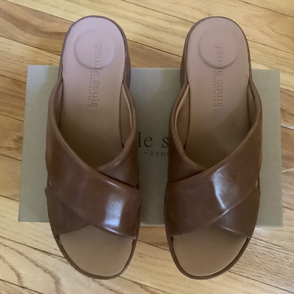 Gentle Souls River Platform Slide Sandal Luggage Leather SZ 9.5 - Picture 3 of 13